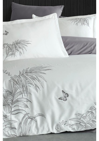 Tropical Nakışlı %100 Pamuk Saten Çift Kişilik Nevresim Takımı Krem Gri modelleri