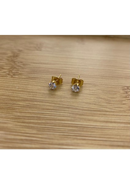 Çelik Gold Renk Zirkon Taşlı 3mm Top Küpe