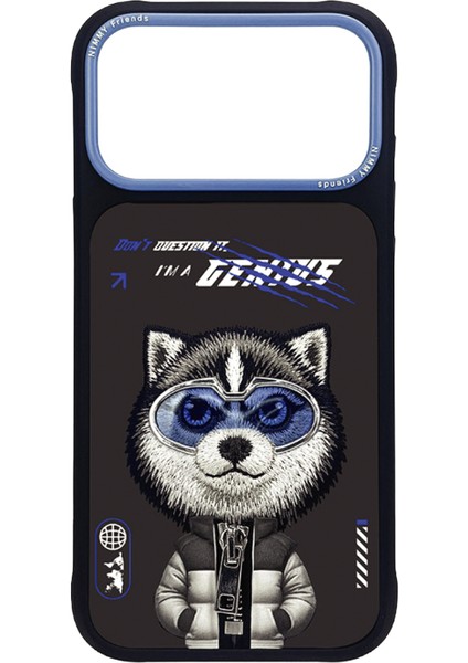 iPhone 17 Pro Max Uyumlu Gözlük Fermuar Husky Köpek Detaylı Nakış Işlemeli Kabartma Cool Cute Kılıf