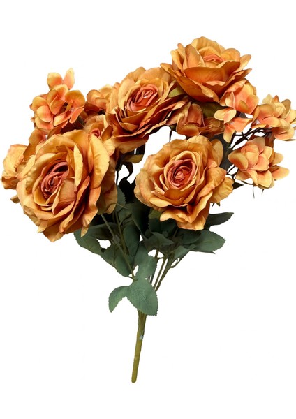Yapay Çiçek Garnitürlü Lüx 5li Gül Buketi 11 Dal 42 cm Pastel Turuncu
