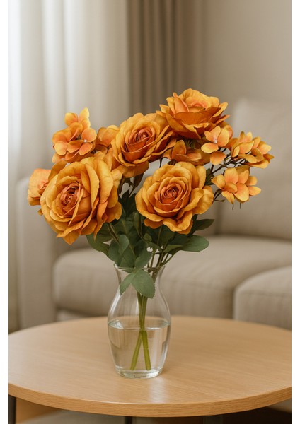 Yapay Çiçek Garnitürlü Lüx 5li Gül Buketi 11 Dal 42 cm Pastel Turuncu fiyatları