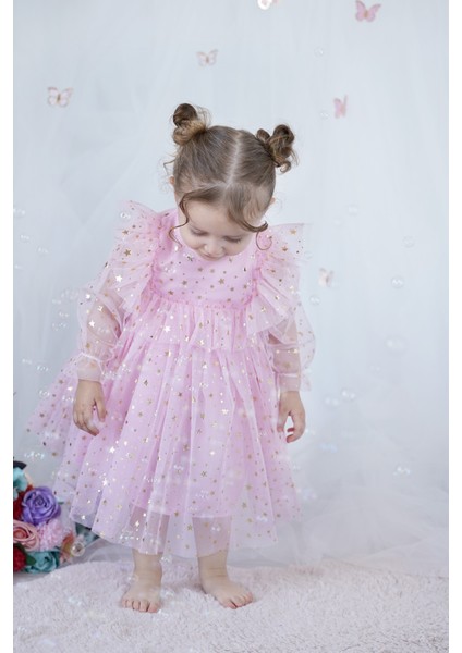 Kız Bebek Elbise Uzun Kollu Tüllü Tütü Yıldızlı Doğum Günü Özel Gün Parti Düğün Kız Çocuk Elbise