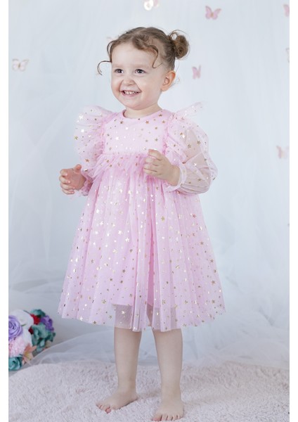 Kız Bebek Elbise Uzun Kollu Tüllü Tütü Yıldızlı Doğum Günü Özel Gün Parti Düğün Kız Çocuk Elbise modelleri