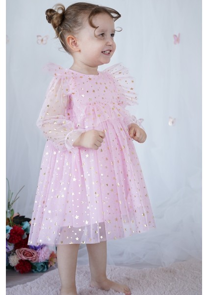 Kız Bebek Elbise Uzun Kollu Tüllü Tütü Yıldızlı Doğum Günü Özel Gün Parti Düğün Kız Çocuk Elbise indirimleri