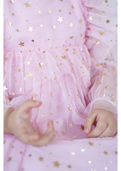 Kız Bebek Elbise Uzun Kollu Tüllü Tütü Yıldızlı Doğum Günü Özel Gün Parti Düğün Kız Çocuk Elbise