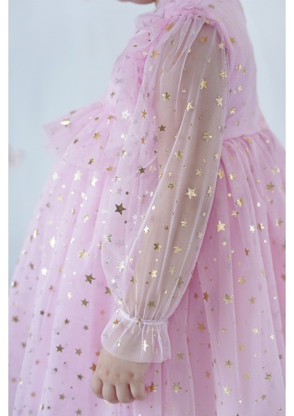 Kız Bebek Elbise Uzun Kollu Tüllü Tütü Yıldızlı Doğum Günü Özel Gün Parti Düğün Kız Çocuk Elbise