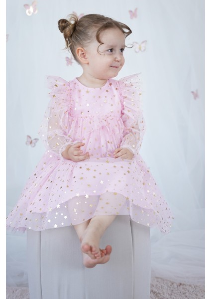 Kız Bebek Elbise Uzun Kollu Tüllü Tütü Yıldızlı Doğum Günü Özel Gün Parti Düğün Kız Çocuk Elbise