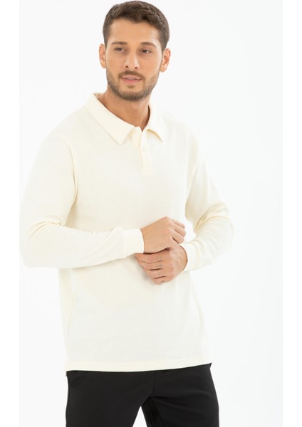 %100 Pamuk Uzun Kollu Polo Yaka Pike Desenli Tişört - Regular Fit Düğmeli fırsatları