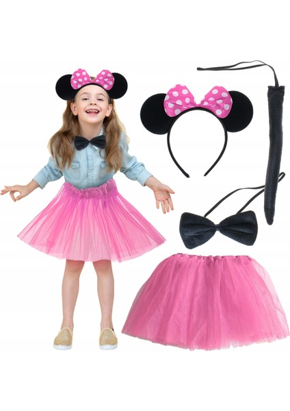 Resveq Minnie Kostüm Seti (Pembe Tütü Etek + Pembe Taç + Papyon + Kuyruk)