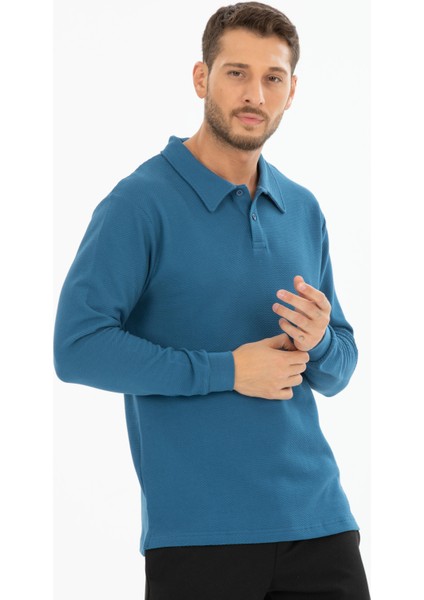 %100 Pamuk Uzun Kollu Polo Yaka Pike Desenli Tişört - Regular Fit Düğmeli modelleri