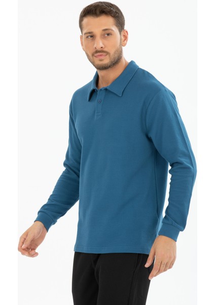 %100 Pamuk Uzun Kollu Polo Yaka Pike Desenli Tişört - Regular Fit Düğmeli fırsatları