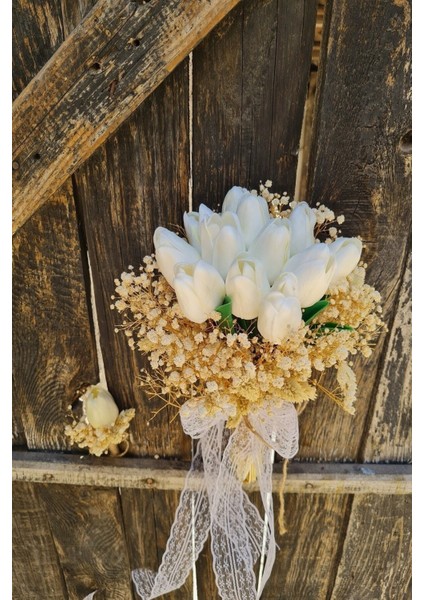 Gelin Buketi Kuşotu Beyaz Renk Islak Lale Damat Yaka Çiçeği
