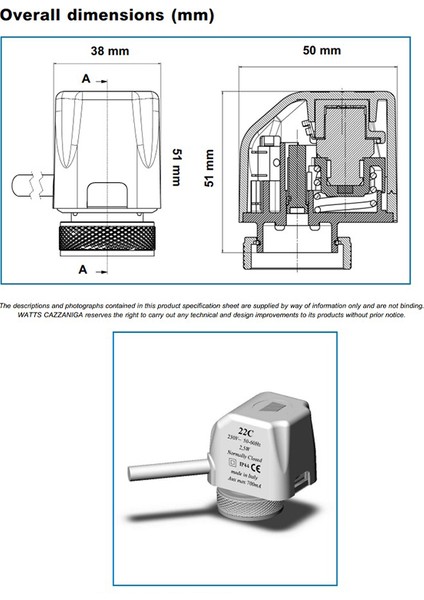 22CX230NC2 Elektrotermik Aktüatör, Normalde Kapalı (NC), 230V AC fiyatları