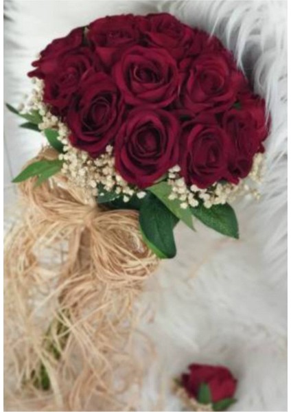Kadife Bordo Güllü ve Cipsolu Gelin Çiçeği ve Damat Yaka Çiçeği Seti.gelin Buketi – Magnet, Hediyel modelleri