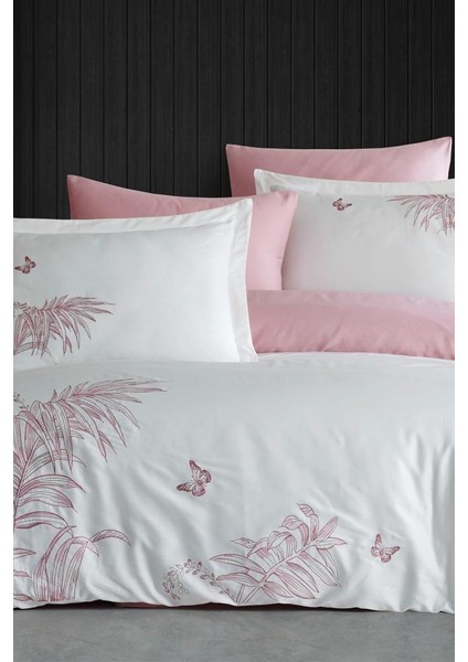 Tropical Nakışlı %100 Pamuk Saten Çift Kişilik Nevresim Takımı Krem Pudra