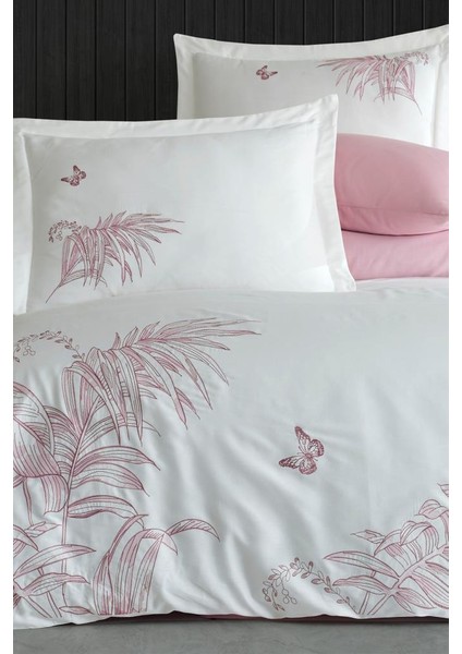 Tropical Nakışlı %100 Pamuk Saten Çift Kişilik Nevresim Takımı Krem Pudra modelleri