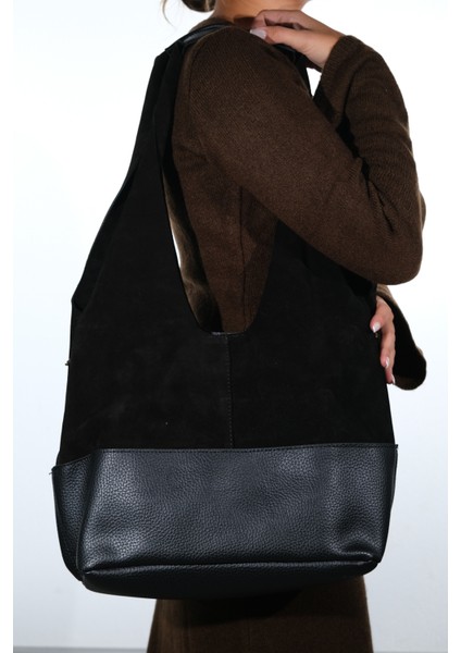Avos Siyah Süet Hakiki Deri Kadın Omuz Çantası