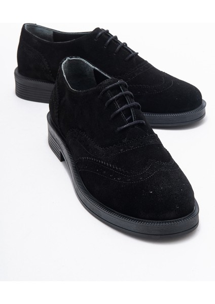 Avra Siyah Süet Hakiki Deri Kadın Oxford Ayakkabı