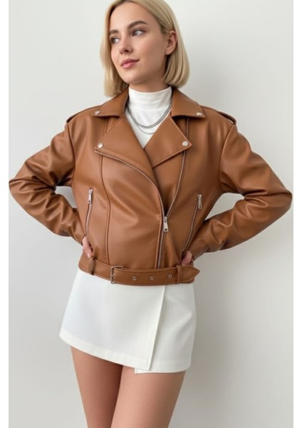 Kadın Fermuar ve Kemer Detaylı Deri Ceket fiyatları