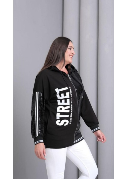 Kadın Büyük Beden Parlak Siyah Pul Detay Beyaz Gümüş Ribanalı Çift Cepli Kapüşonlu Yazılı Gümüş Fermuarlı Pamuk Sweatshirt fiyatları