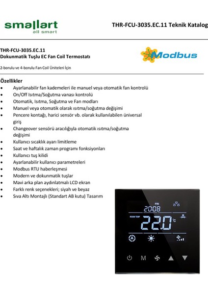 T3035.10X Dokunmatik Fan Coil Termostatı, 3 Kademeli Fan Hızı, 2/4 Boru, On-Off Vana, Harici Sensör Girişli, Sıva Altı fiyatları