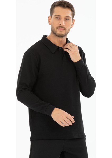 %100 Pamuk Uzun Kollu Polo Yaka Pike Desenli Tişört - Regular Fit Düğmeli modelleri