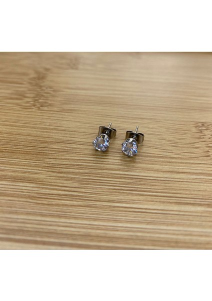 Çelik Gümüş Renk Zirkon Taşlı 3mm Top Küpe