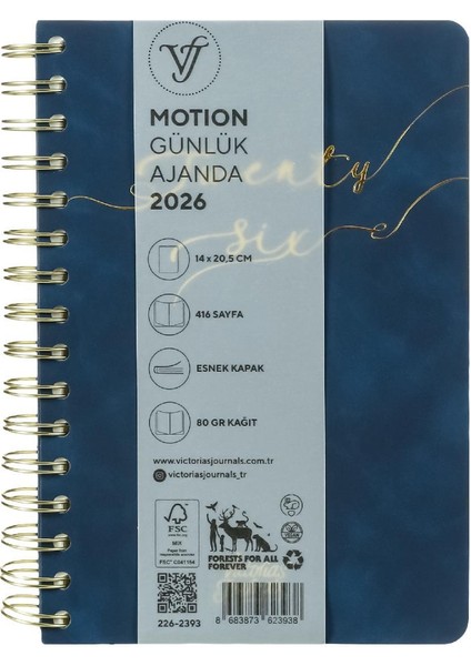 Motion 2026 Spiralli Vegan-Günlük Ajanda A5 (14X20,5CM) Ivory 80 Gsm 416 Sayfa . Lacivert