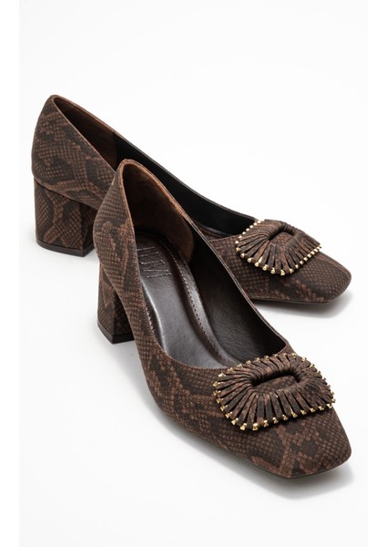 Velora Kahverengi Desenli Tokalı Kadın Kalın Topuklu Ayakkabı
