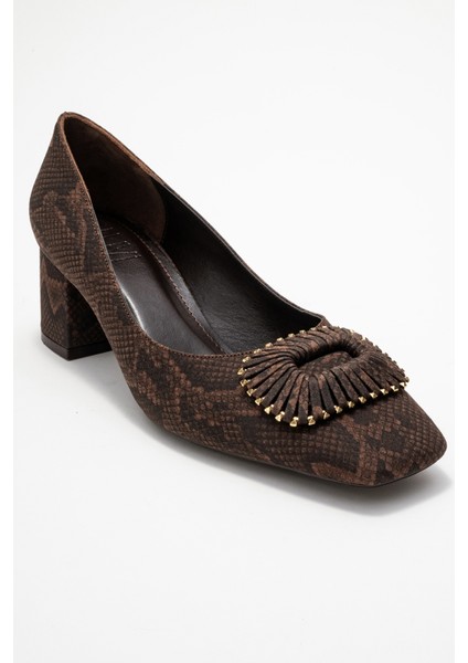 Velora Kahverengi Desenli Tokalı Kadın Kalın Topuklu Ayakkabı modelleri