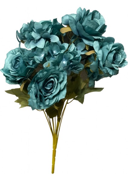 Yapay Çiçek Garnitürlü Lüx 5li Gül Buketi 11 Dal 42 cm Pastel Yeşil