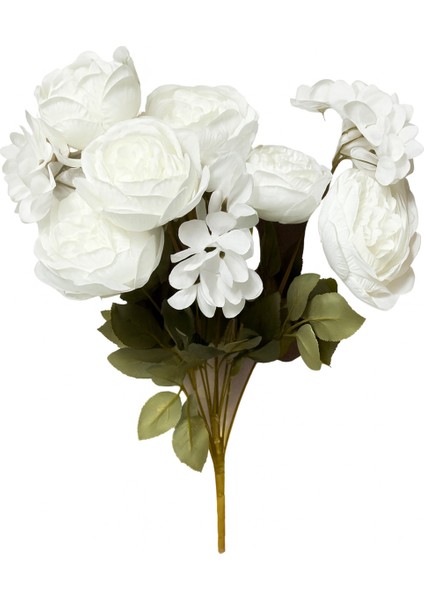 Yapay Çiçek Şakayık Ortancalı Gül Buketi 5li Beyaz