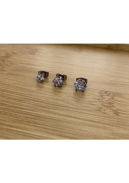 Çelik Gümüş Renk Zirkon Taşlı Kombin Top Küpe