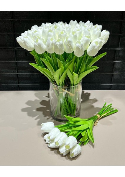 Yapay 8 Li Islak Lale Buketi Gerçeksi Doku Beyaz - Yapay Lale 32 cm 8 Adet