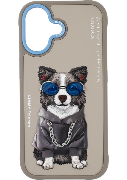 iPhone 17 Uyumlu 3D Gözlük Zincir Border Köpek Detaylı Nakış Işlemeli Kabartmalı Cool Glasses Kılıf