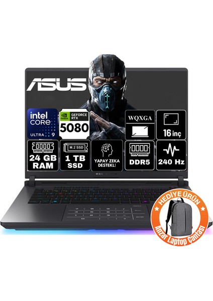 Rog Strix G16 Intel Core Ultra 9 275HX 24GB 1tb SSD RTX5080 16GB 175W Windows 11 Home 16" 240Hz Wqxga Taşınabilir Bilgisayar G615LW-S5185-A47