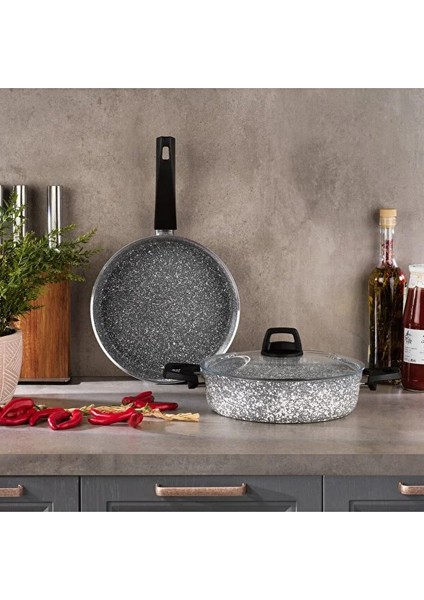 Schafer Eternal Basık Tencere 26 cm + Tava 26 Cm-2'li 3 Parça Cam Kapaklı Set-Gri