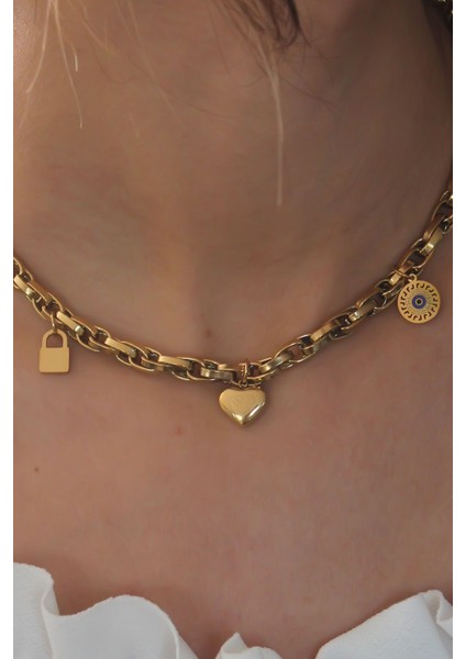 Çelik Gold Renk Kalın Zincir Model Kalp Figür Kadın Kolye fiyatları