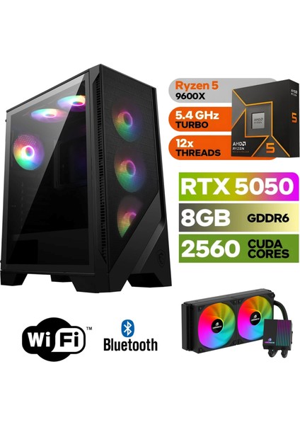 Şafak-Gaming Pc Ddr5-Rtx 5050 8gb -Ryzen 5 9600X – 64 GB Ddr5 Ram – 1 Tb M.2 SSD 5000 4000 – 240MM Sıvı Sogutma -Windows 11 Pro-