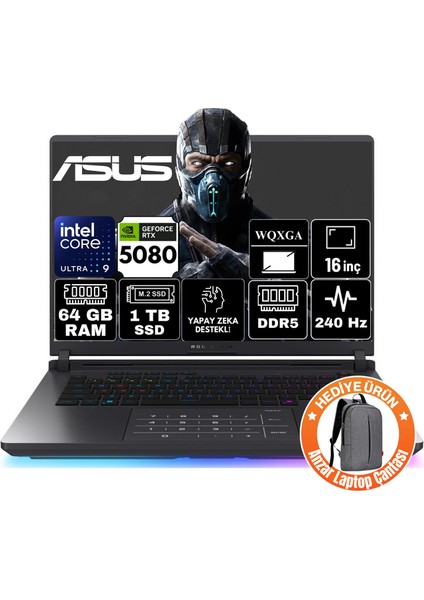Rog Strix G16 Intel Core Ultra 9 275HX 64GB 1tb SSD RTX5080 16GB 175W Windows 11 Home 16" 240Hz Wqxga Taşınabilir Bilgisayar G615LW-S5185-A67