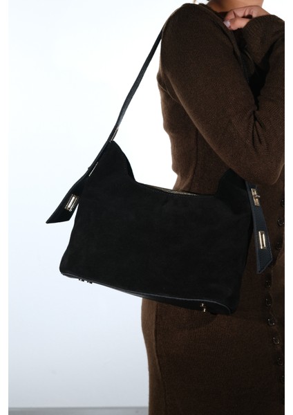 York Siyah Süet Hakiki Deri Kadın Kol Çantası