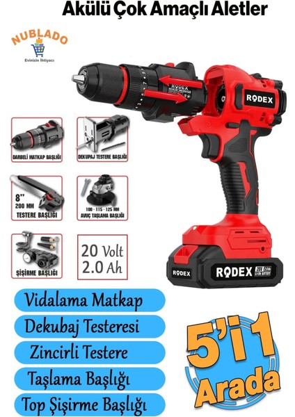 Değiştirilebilir Başlıklı Akülü 5'li Set 20 V 2.0 Ah Taşlama Matkap Dekubaj Testere Pala Top Şişirme