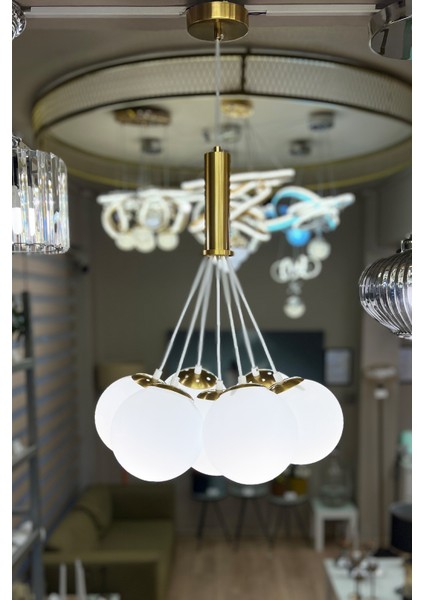 Mınımal Globe Cloud Golden & White 7'li Sarkıt Cam Avize