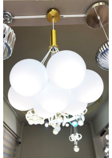 Mınımal Globe Cloud Golden & White 7'li Sarkıt Cam Avize modelleri