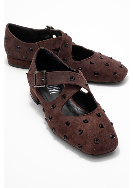 Addıson Kahverengi Süet Taşlı Çapraz Bantlı Kadın Babet Ayakkabı