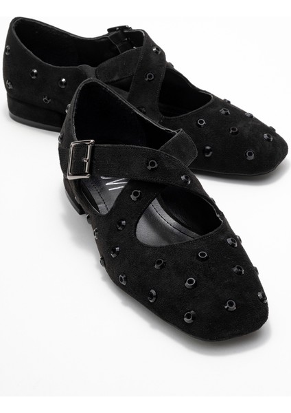 Addıson Siyah Süet Taşlı Çapraz Bantlı Kadın Babet Ayakkabı