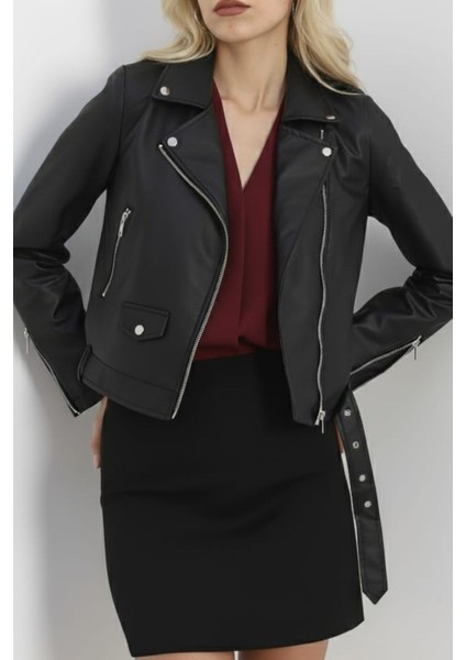 Kadın Siyah Biker Fermuarlı Suni Deri Ceket