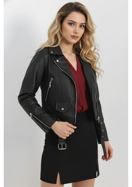 Kadın Siyah Biker Fermuarlı Suni Deri Ceket fiyatları