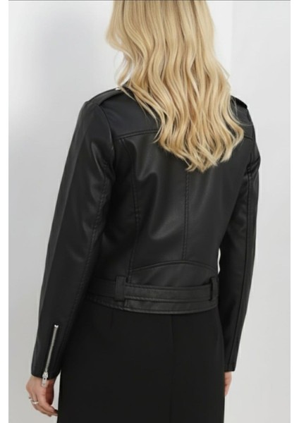 Kadın Siyah Biker Fermuarlı Suni Deri Ceket modelleri
