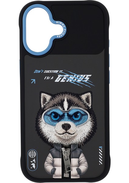 iPhone 17 Uyumlu 3D Gözlük Fermuar Husky Köpek Detaylı Nakış Işlemeli Kabartmalı Cool Cute Kılıf